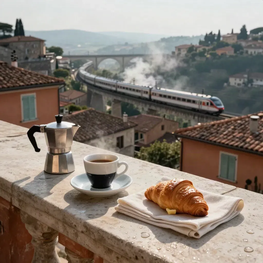 Terrazza mattutina con caffè, moka, cornetto e treno sui colli dopo la pioggia