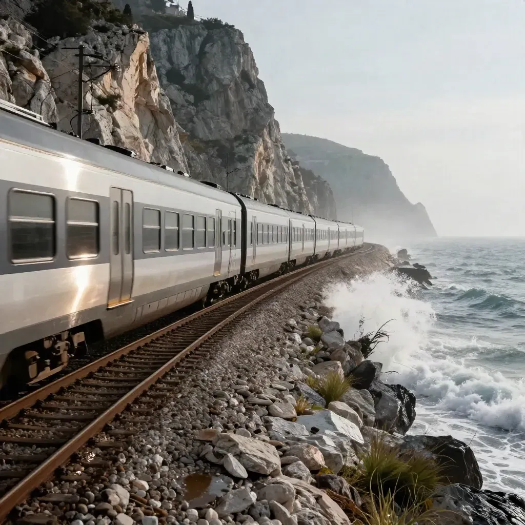 Treno regionale lungo la costa adriatica con spruzzi di mare e scogliere di calcare
