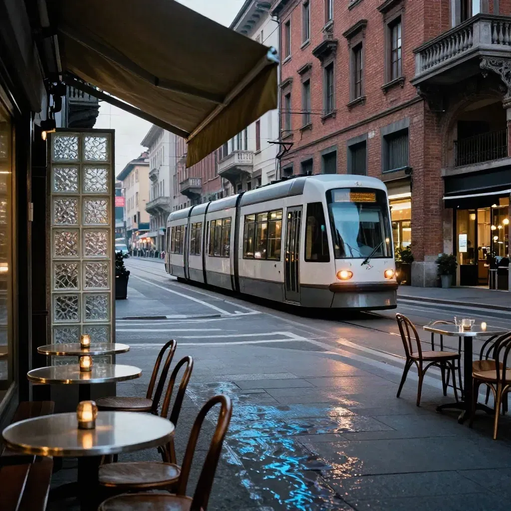 Tram a Milano in un incrocio geometrico con tavolini vuoti e riflessi al crepuscolo