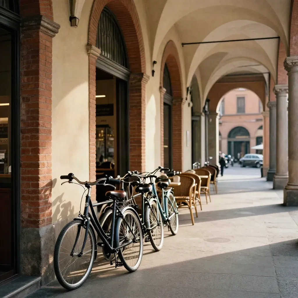 Portici di Bologna con bici parcheggiate e caffè d’angolo in luce pomeridiana