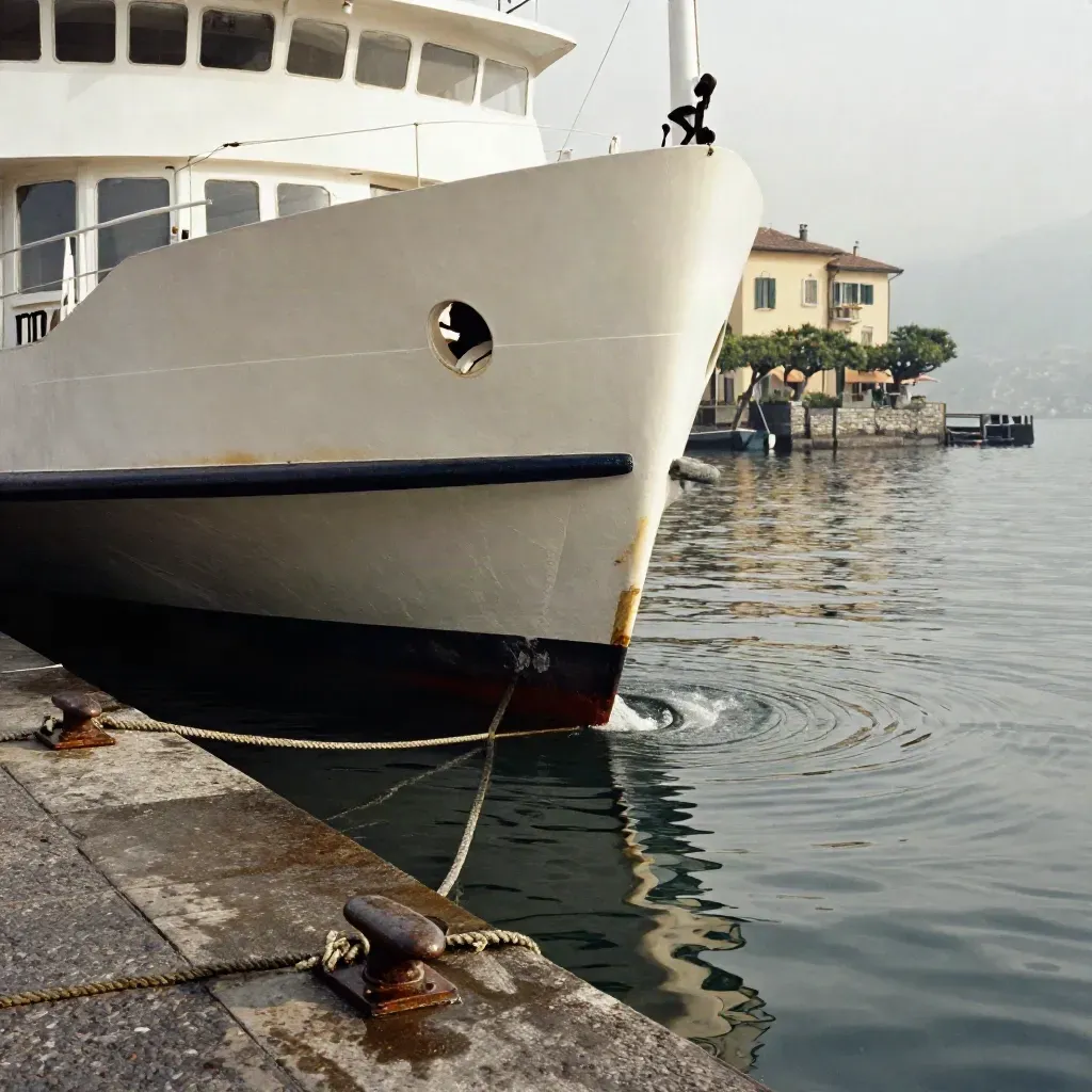 Traghetto sul Lago di Como al molo, tra scafo bianco, pietra bagnata e ville nella foschia.