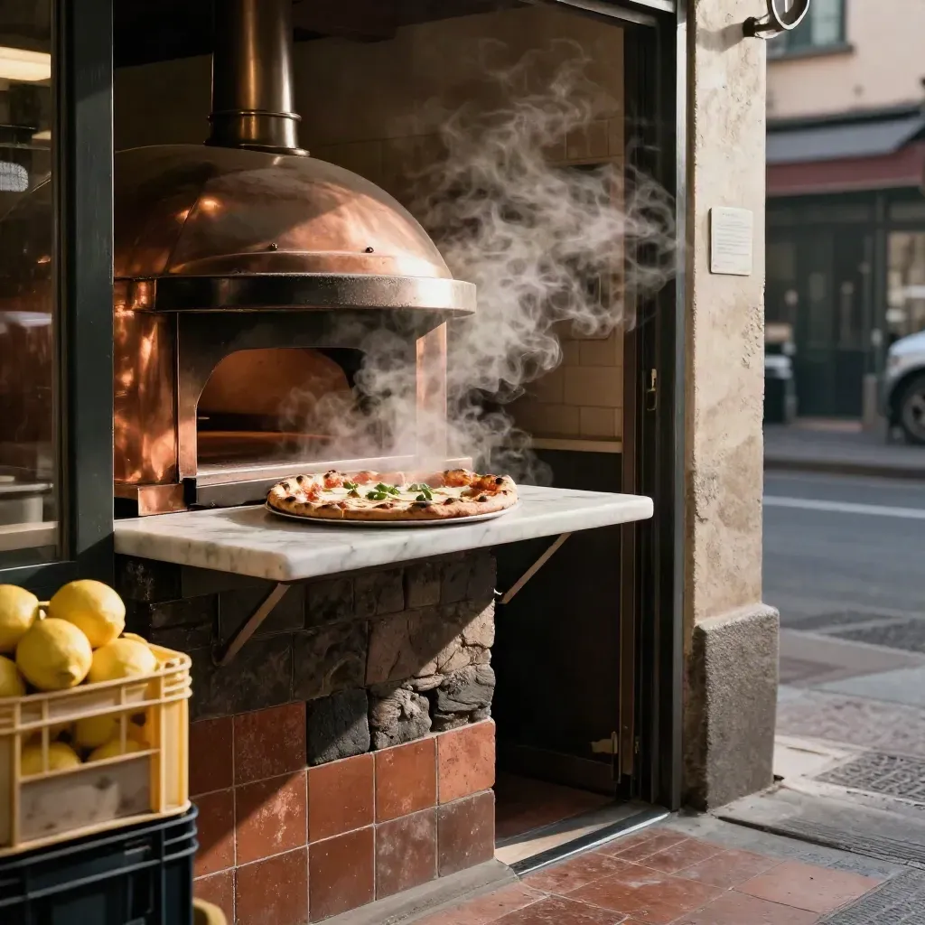 Vicolo napoletano con forno acceso, cassette di limoni e pizza margherita su marmo.