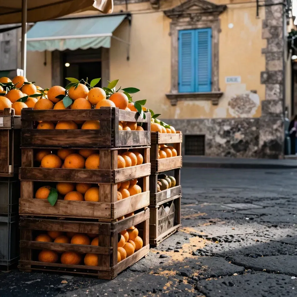 Crate di agrumi al mercato di Catania, con pietra lavica, polvere e facciata barocca al sole.