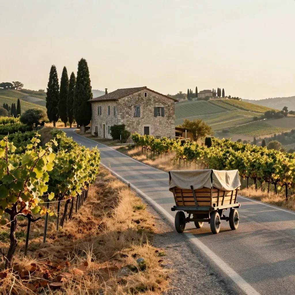 Strada tra vigneti, cipressi e casa colonica a Verona al sole del tardo pomeriggio.