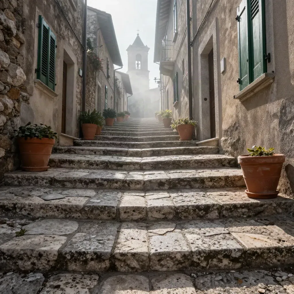 Vicoli in pietra di un borgo umbro con vasi di terracotta e torre nella nebbia mattutina.