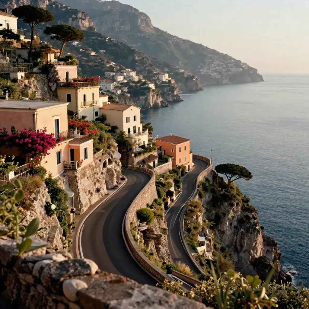 Strada a gomito sulla Costiera Amalfitana, case pastello e bouganville al sole del mattino
