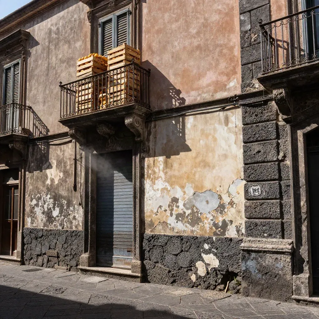 Facciata in pietra lavica di Catania con balcone barocco e cassette di agrumi alla luce del mezzogiorno.