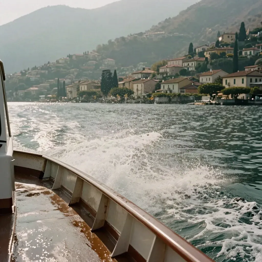 Prua di traghetto sul Lago di Como con scia a V e borghi collinari sullo sfondo