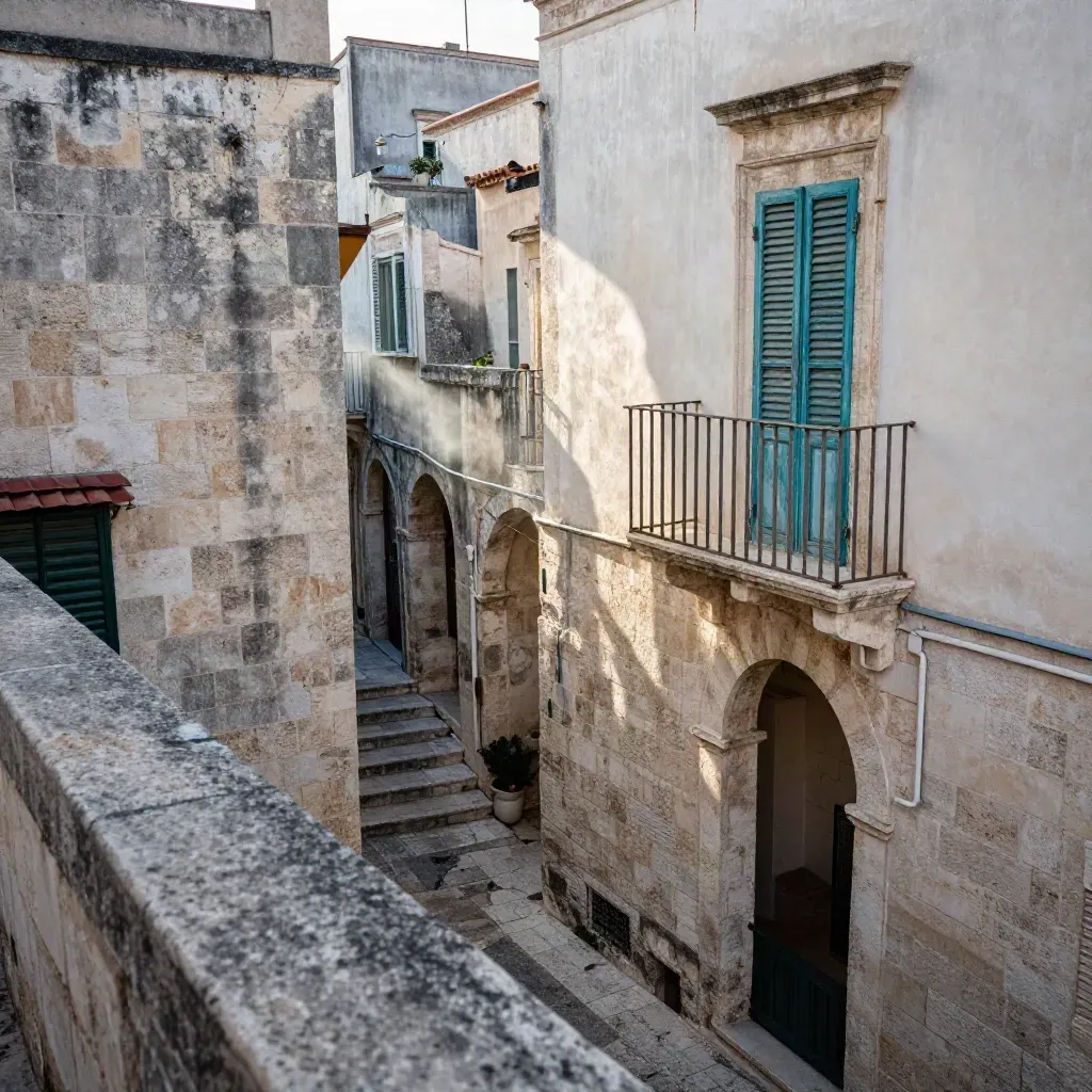 Vicoli in pietra di Bari Vecchia visti dall’alto, con archi, scale e luce calda.