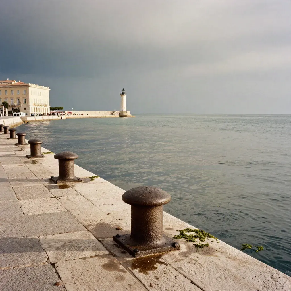 Molo in pietra a Trieste con faro lontano e facciate sul mare sotto una nube di tempesta.