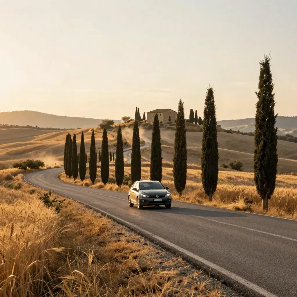 Strada della Val d’Orcia al tramonto con cipressi, colline dorate e casale isolato