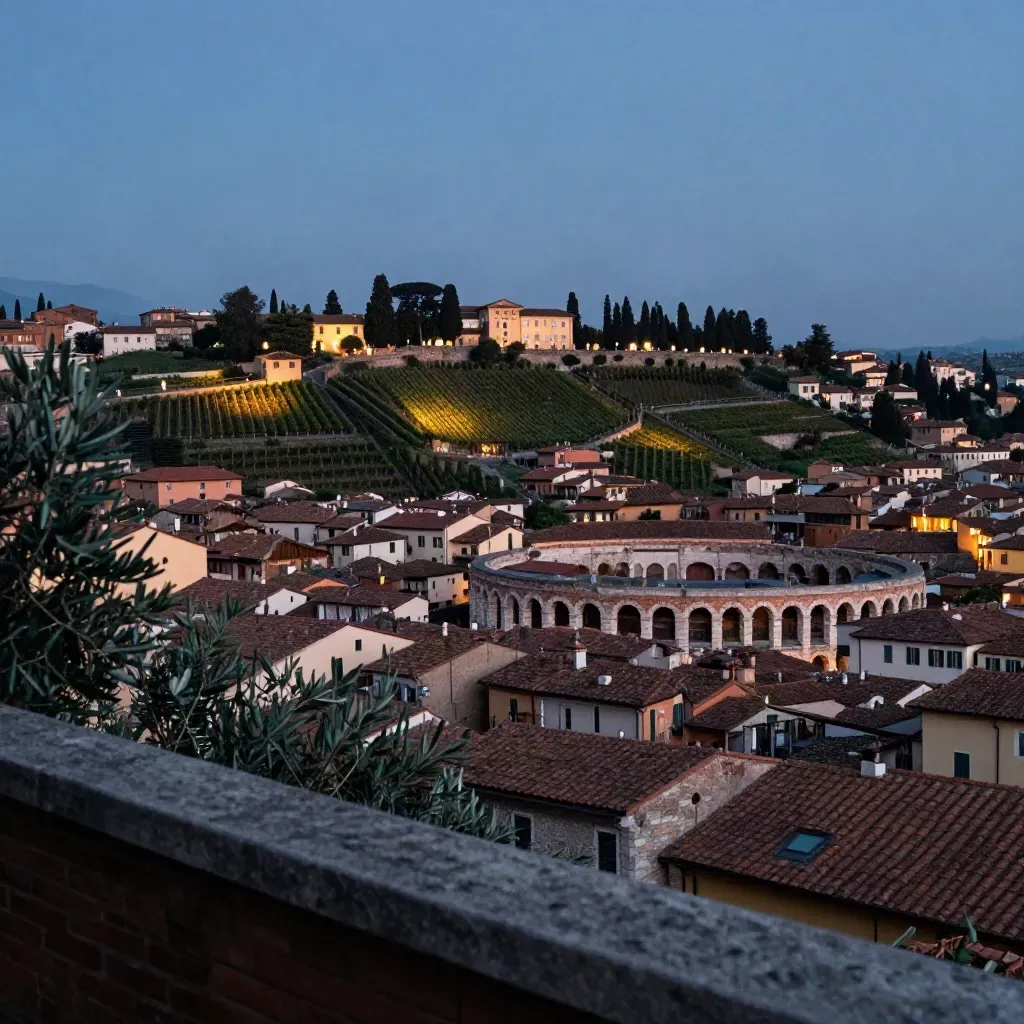 Verona al crepuscolo vista dalla collina, Arena, tetti e vigneti in lontananza.