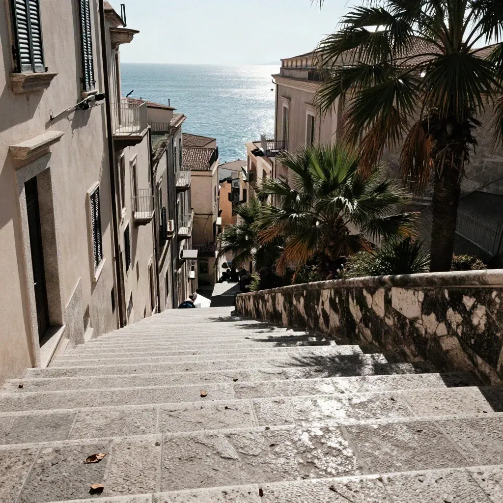 Scale di Cagliari verso Castello con mare e palme mosse dal vento