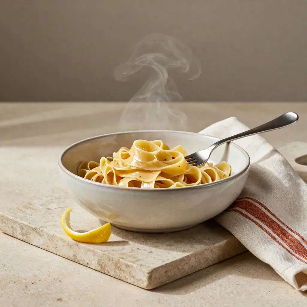 Ciotola artigianale di pasta con forchetta, scorza di limone e tovagliolo a righe su vassoio di pietra.